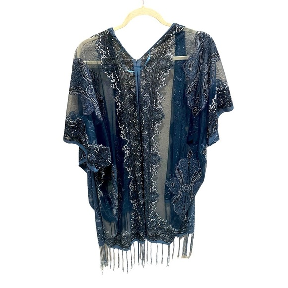 Soho Blue Shawl Cape Sarong Fringe Holiday Sparkle One Size New with Tags - Picture 2 of 3